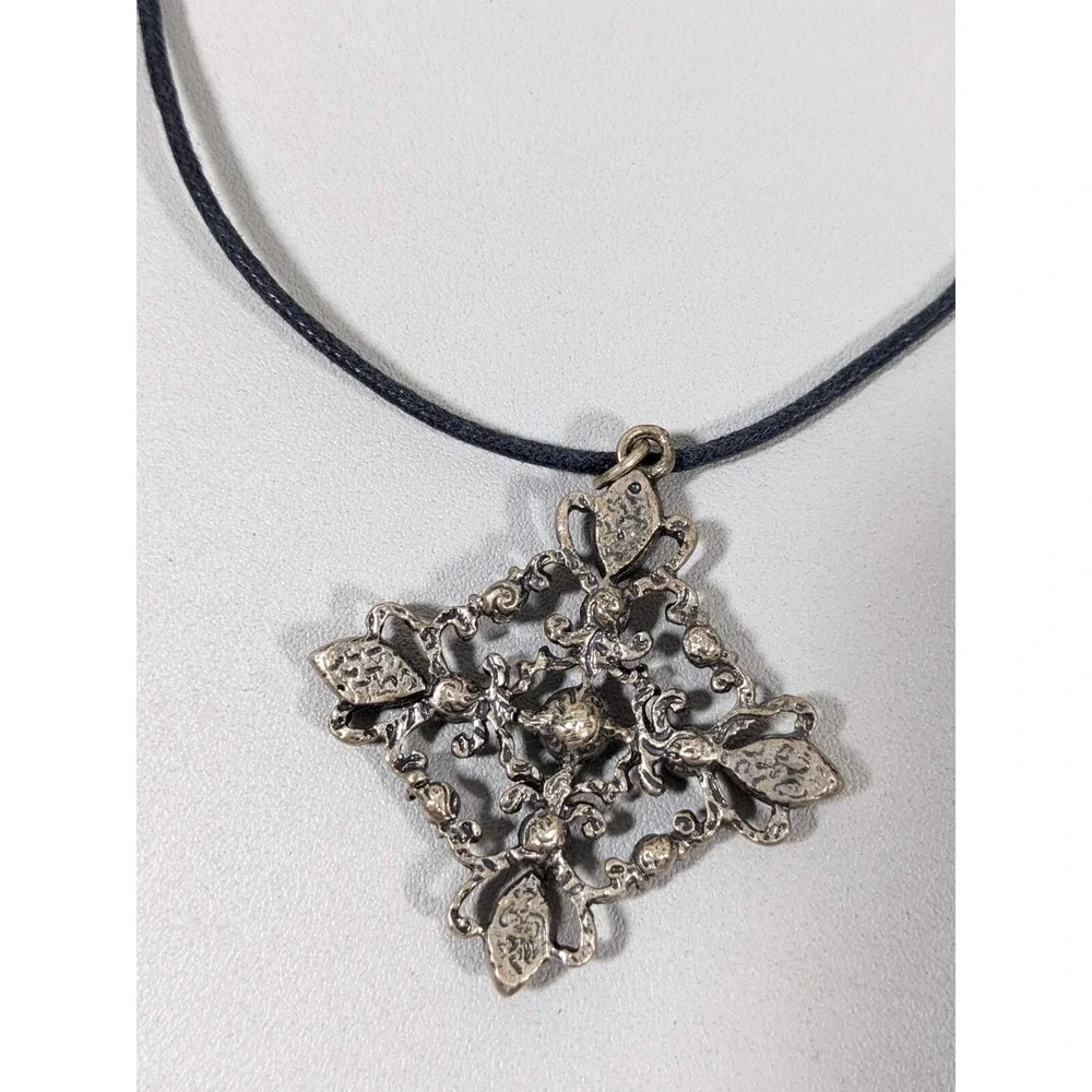 Blue‎ Green Open Work Medallion Square Pendant Black Cord Necklace 15 in